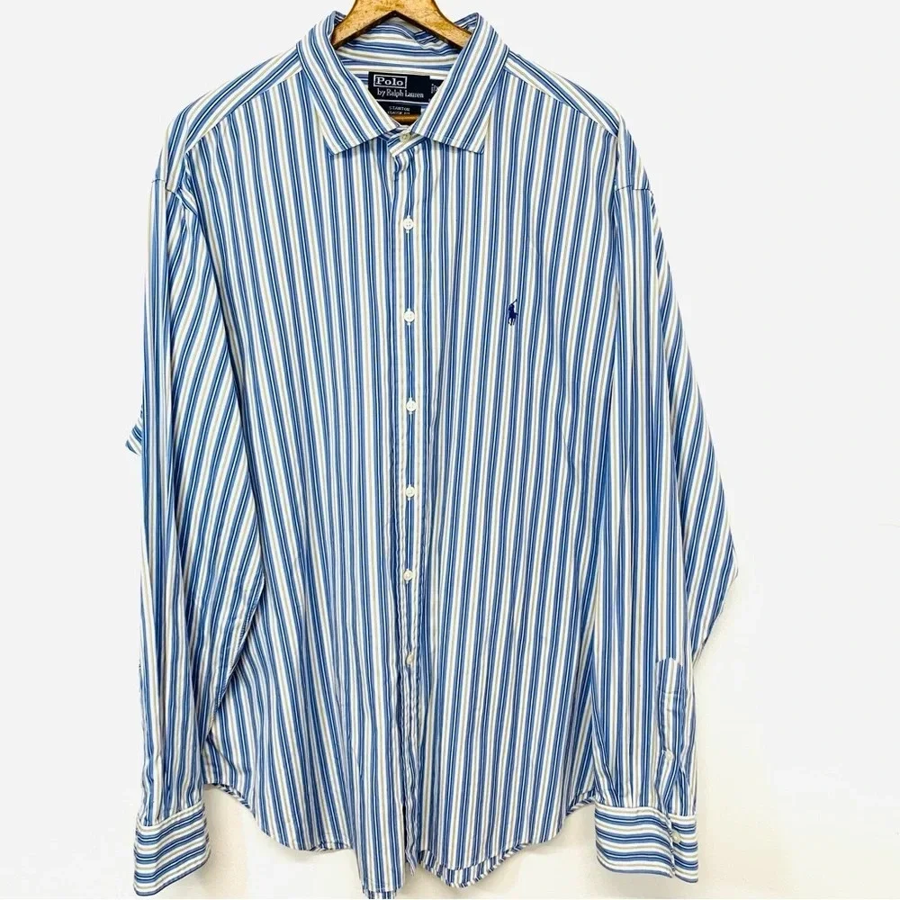 Polo Ralph Lauren Shirt Men‎ XXL  Stanton Classic Blue Stripe Pony 100% Cotton